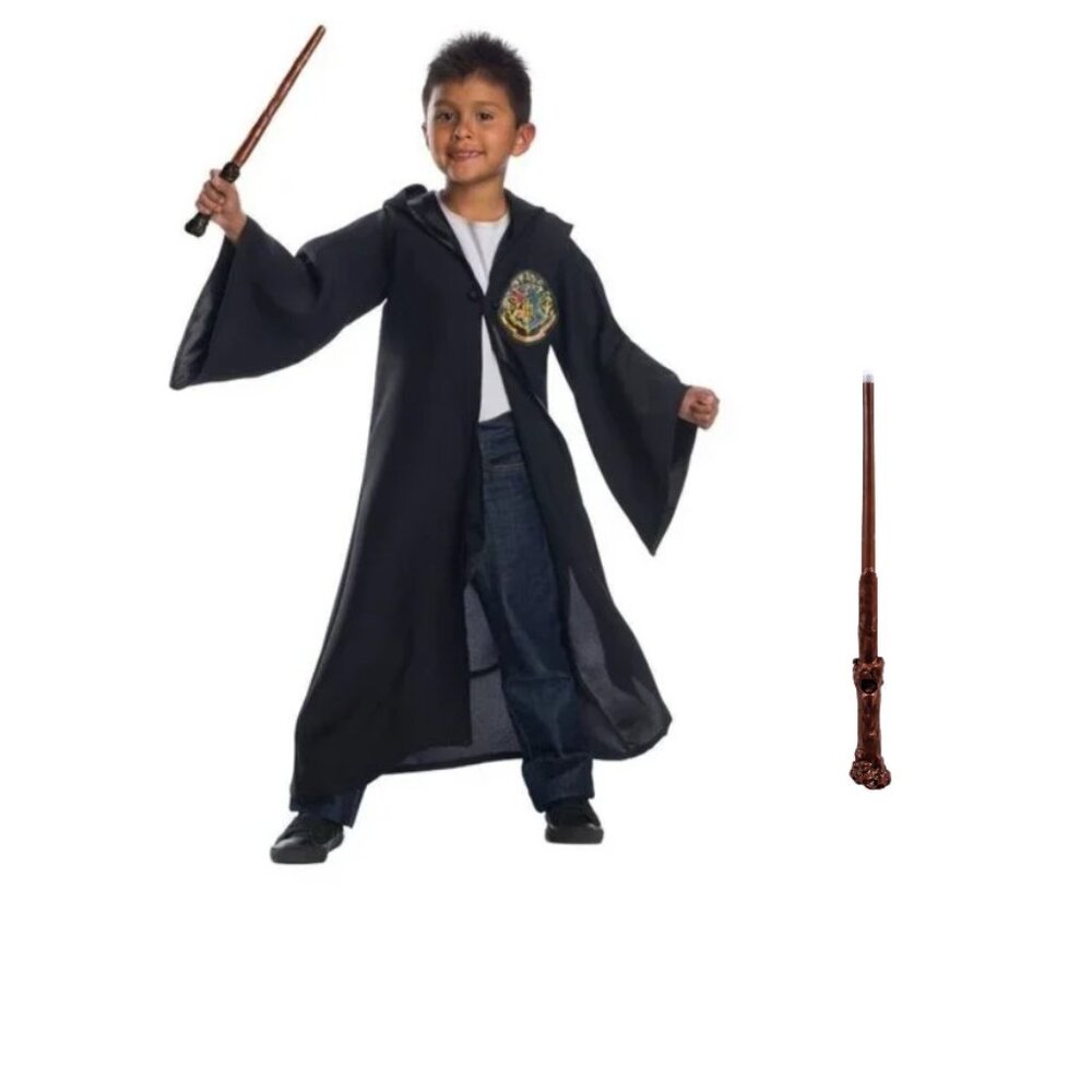 Harry Potter Hogwarts Robe & Light Up Wand Halloween Costume 8/10 Black Hooded